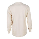 The ForgeFR Forge FR Henley MFRHNLY-004 is depicted from the back, showcasing its plain, long-sleeved design in beige. This shirt features a simple design with a rounded neckline and relaxed fit, adhering to NFPA 2112 safety standards.