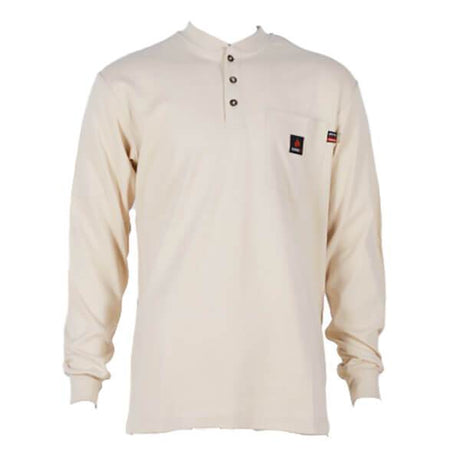 Presenting the ForgeFR Henley MFRHNLY-004: a long-sleeved beige shirt with an arc rating of ATPV 11 cal/cm². It features three buttons, a small chest pocket adorned with a logo patch and a colorful tag, which highlights its NFPA 2112 compliance. The shirt is displayed against a white background.