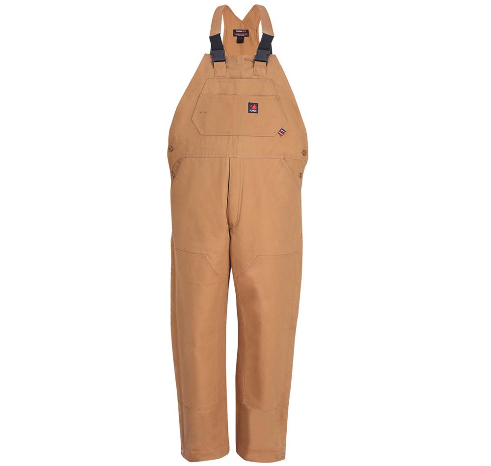 The ForgeFR Men's FR Insulated Bib Overall MFRIB-007 is displayed against a white background. Featuring adjustable shoulder straps and a front pocket, these overalls are designed for durability in work environments, meeting NFPA 2112 standards for flame resistance and ASTM F1506 guidelines for electrical safety.