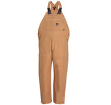 The ForgeFR Men's FR Insulated Bib Overall MFRIB-007 comes in a tan color and features adjustable black shoulder straps, multiple front pockets, and detailed stitching. Made from durable fabric that meets NFPA 2112 standards, these overalls are ideal for heavy-duty work environments requiring ASTM F1506 protection.