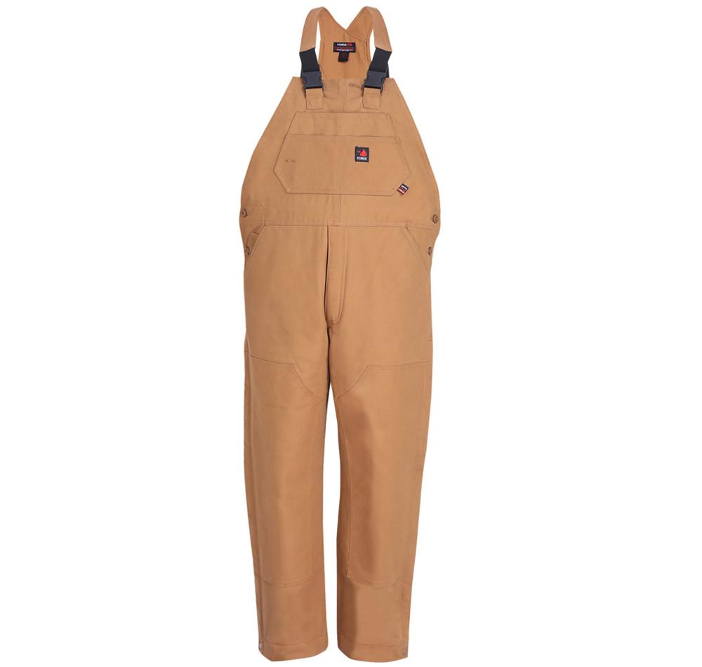 ForgeFR Men's FR Insulated Bib Overall MFRIB-007 features adjustable shoulder straps and multiple pockets, designed for durability and practical use. The sturdy material is suitable for work environments and meets ASTM F1506 standards.