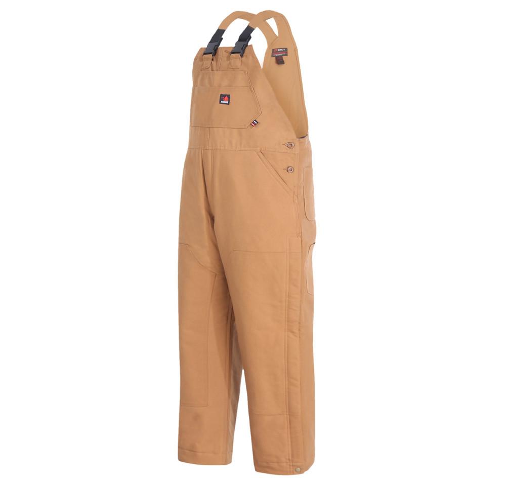 The ForgeFR Men's FR Insulated Bib Overall MFRIB-007, showcased on a white background, features adjustable shoulder straps, a front pocket, and reinforced knee panels. These brown work overalls are crafted to meet ASTM F1506 and NFPA 2112 standards, ensuring reliable safety and durability in demanding environments.