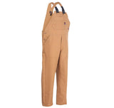 The ForgeFR Men's FR Insulated Bib Overall MFRIB-007 in tan features adjustable black straps, multiple pockets, and button closures on the sides. Displayed on a white background, this garment is designed in compliance with ASTM F1506 safety standards for enhanced protection.