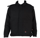 The ForgeFR Men's FR Insulated Duck Hooded Jacket (MFRIJDH006) offers safety and style with NFPA 2112 compliance. This black jacket is designed with a high collar, epaulets, and a concealed front zipper closure. It features two roomy front pockets and displays a subtle logo near the hem.