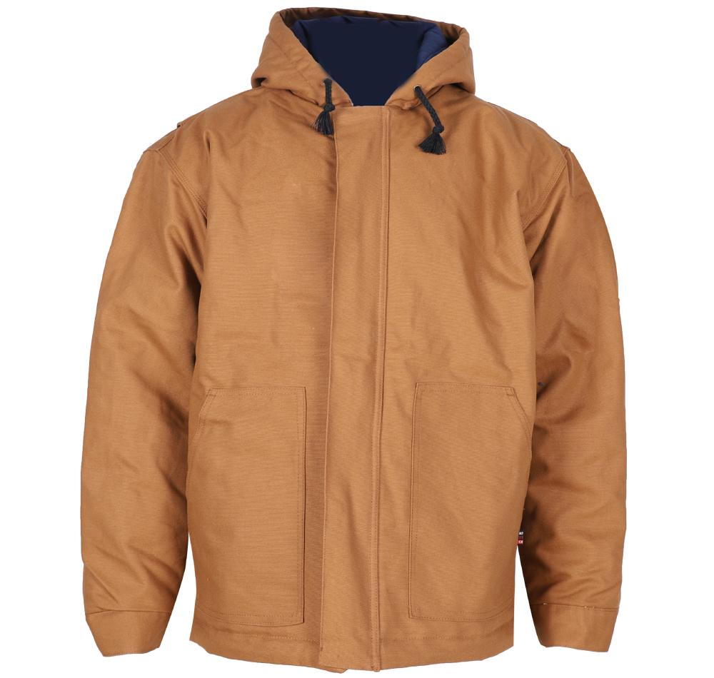 The ForgeFR Men's FR Insulated Duck Hooded Jacket MFRIJDH006 is a brown, insulated jacket with a front zipper and two spacious pockets. It features black drawstrings on the hood and is crafted from durable fabric ideal for outdoor activities, complying with NFPA 2112 standards.