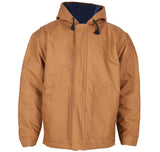 The Forge FR Men's FR Insulated Duck Hooded Jacket MFRIJDH006 by ForgeFR, in brown, comes with a hood featuring drawstring adjustments, a front zipper, and two large pockets. It has a quilted interior lining to guarantee warmth and comfort while meeting NFPA 2112 safety standards.