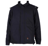 The ForgeFR Men's FR Insulated Duck Hooded Jacket MFRIJDH006 is a black flame-resistant jacket featuring a collar, long sleeves, and pockets. It includes a small red tag with a flame icon near the bottom and is made from durable, thick fabric for safety and comfort. This jacket complies with NFPA 2112 standards.