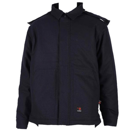 The ForgeFR Men's FR Insulated Duck Hooded Jacket MFRIJDH006 is a black, flame-resistant insulated jacket featuring a collar and long sleeves. It includes a front closure, two front pockets, and a small logo on the lower front. Certified to NFPA 2112 standards, this jacket is engineered for durability and safety.