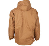 The ForgeFR Forge FR Men's FR Insulated Duck Hooded Jacket MFRIJDH006, in brown, showcases a hood and a back view. It has adjustable buttons on the bottom sides and offers a relaxed fit, complying with ATPV 36 cal/cm² safety standards.