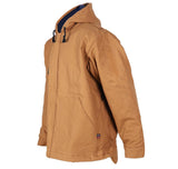 This ForgeFR Men's FR Insulated Duck Hooded Jacket, model number MFRIJDH006, is brown with a front zipper and black drawstrings. Meeting NFPA 2112 standards and offering ATPV 36 cal/cm² protection, it features two large pockets and a small logo tag near the hem. The dark blue interior provides a contrasting touch against its plain white background display.