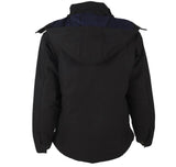 The ForgeFR Men's FR Insulated Duck Hooded Jacket MFRIJDH006, shown from the back in black, showcases quilted detailing on its upper section. This fire-resistant jacket boasts a remarkable ATPV 36 cal/cm² rating and offers adjustable cuffs with button closures for enhanced safety and comfort.