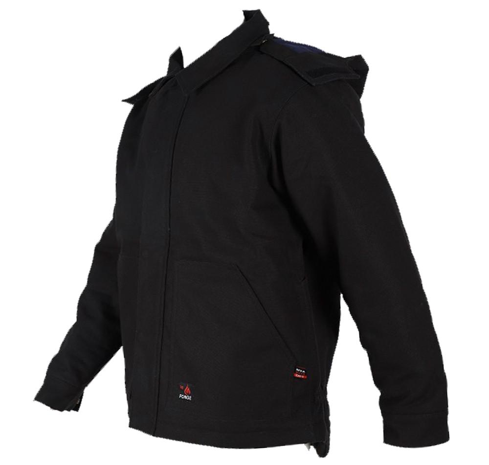 The ForgeFR Men's FR Insulated Duck Hooded Jacket, model MFRIJDH006, with an arc rating of 36 cal/cm², is displayed against a white background. This NFPA 2112-rated jacket includes long sleeves, a full zipper, and a collar. A small logo is located at the bottom front of the jacket.