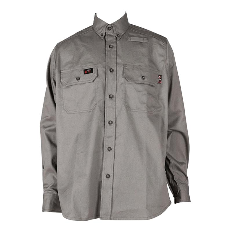 The ForgeFR Solid Button Shirt MFRLB2PS024 is a gray long-sleeve button-up shirt featuring two chest pockets, buttoned cuffs, and small logos on the pockets. Crafted from FRARCTEX FR fabric, it meets NFPA 2112 – 2018 standards and offers an arc rating ATPV of 8.8 cal/cm². With a classic collar and tailored fit, this shirt ensures both style and safety.