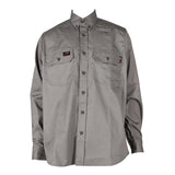 The ForgeFR Solid Button Shirt MFRLB2PS024 is a gray long-sleeve button-up shirt featuring two chest pockets, buttoned cuffs, and small logos on the pockets. Crafted from FRARCTEX FR fabric, it meets NFPA 2112 – 2018 standards and offers an arc rating ATPV of 8.8 cal/cm². With a classic collar and tailored fit, this shirt ensures both style and safety.