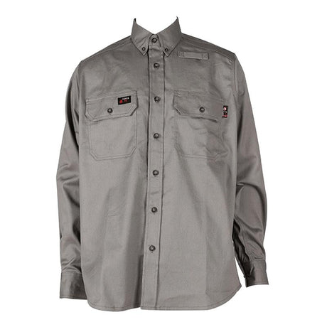 The ForgeFR Forge FR Solid Button Shirt MFRLB2PS024 is a long-sleeved gray button-up shirt made from FRARCTEX FR fabric. It includes two chest pockets with buttoned flaps, each adorned with small patches. The shirt features a classic button-down collar and cuffed sleeves, designed for durability with an arc rating ATPV of 8.8 cal/cm².