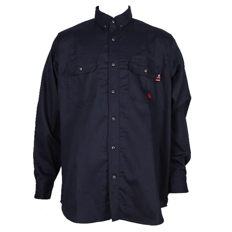 The ForgeFR Forge FR Solid Button Shirt MFRLB2PS024 is a dark navy, long-sleeve button-up shirt made from FRARCTEX FR fabric. It includes two front chest pockets, button details, and a small embroidered red logo on the left pocket. Certified to NFPA 2112 – 2018 standards, it provides enhanced protection with an arc rating ATPV of 8.8 cal/cm².