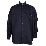 Introducing the Forge FR Solid Button Shirt MFRLB2PS024 by ForgeFR: a black long-sleeve button-up shirt made from FRARCTEX FR fabric with an arc rating ATPV of 8.8 cal/cm². This shirt includes two chest pockets with small button closures, a discreet logo on the upper left pocket flap, and a classic collar, all compliant with NFPA 2112 – 2018 standards.