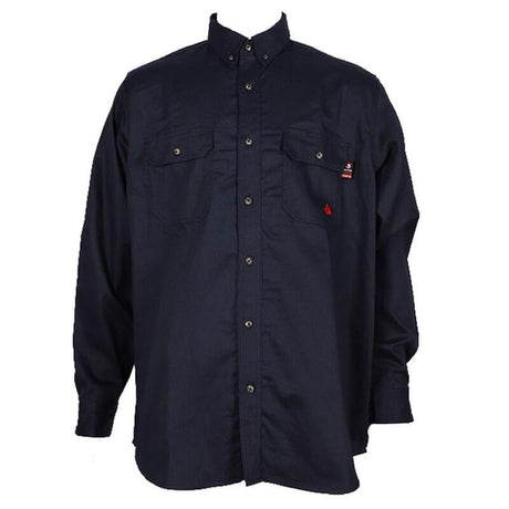 The ForgeFR Forge FR Solid Button Shirt MFRLB2PS024 is a black long-sleeve button-up shirt made from FRARCTEX FR fabric. It includes two chest pockets with buttoned flap closures and a small red logo on the left pocket. This shirt features a classic collar design and meets NFPA 2112 – 2018 standards with an arc rating of ATPV 8.8 cal/cm².