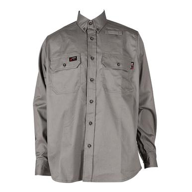 The ForgeFR Forge FR Solid Button Shirt MFRLB2PS024 is a gray button-up shirt crafted from FRARCTEX FR fabric. It features a collar, two chest pockets with buttoned flaps, long sleeves with buttoned cuffs, and a small logo on the left pocket. For added safety, it offers an arc rating ATPV of 8.8 cal/cm².