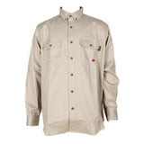 The ForgeFR Solid Button Shirt MFRLB2PS024 is a beige button-up shirt made from FRARCTEX FR fabric, designed with a collar and long sleeves. It complies with NFPA 2112 – 2018 standards and includes two chest pockets secured with buttons, one of which displays a small red logo.