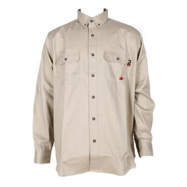 The ForgeFR Solid Button Shirt MFRLB2PS024 is a beige button-up shirt made from FRARCTEX FR fabric, designed with a collar and long sleeves. It complies with NFPA 2112 – 2018 standards and includes two chest pockets secured with buttons, one of which displays a small red logo.