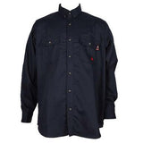 The ForgeFR Solid Button Shirt MFRLB2PS024 features long sleeves and two chest pockets with button flaps, crafted from FRARCTEX FR fabric in navy blue. It offers an arc rating ATPV of 8.8 cal/cm², ensuring compliance with NFPA 2112 – 2018 safety standards.