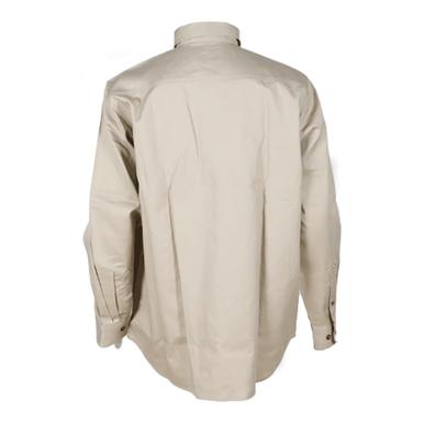 The ForgeFR Forge FR Solid Button Shirt MFRLB2PS024, crafted from FRARCTEX FR fabric in beige, is displayed from the back. It includes a collar and buttoned cuffs, has a loose fit with a minimalistic design, and offers an additional layer of safety with an ATPV arc rating of 8.8 cal/cm2.