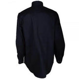 The ForgeFR Forge FR Solid Button Shirt MFRLB2PS024 is a long-sleeved black shirt with a simple back design, complete with a collar and cuffs. Made from smooth, slightly reflective FRARCTEX FR material, it boasts an arc rating of ATPV 8.8 cal/cm², ensuring both style and safety compliance.