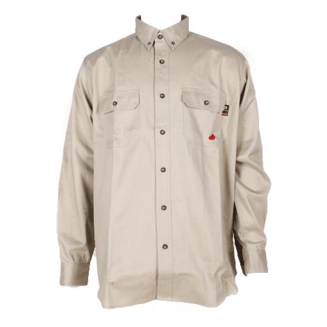 The ForgeFR Solid Button Shirt (MFRLB2PS024) is a beige long-sleeve, button-up shirt featuring two chest pockets and buttoned cuffs. Crafted from FRARCTEX FR fabric, it includes small red and black tags on the left pocket. The soft material complies with NFPA 2112 – 2018 standards, offering enhanced safety with an arc rating ATPV of 8.8 cal/cm².