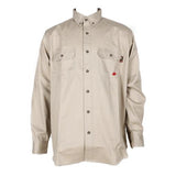 Introducing the Forge FR Solid Button Shirt MFRLB2PS024 by ForgeFR: a beige, long-sleeve button-up shirt crafted from FRARCTEX FR fabric. It features two chest pockets, buttoned cuffs, and a collar, complete with a small red logo on the left pocket. This shirt meets NFPA 2112 – 2018 standards and provides an arc rating ATPV of 8.8 cal/cm² for enhanced safety.