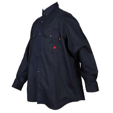 Introducing the ForgeFR Forge FR Solid Button Shirt (MFRLB2PS024) in navy blue, designed with long sleeves and a button-up style using the high-quality FRARCTEX FR fabric. It includes a collar and two chest pockets equipped with button closures, with the left pocket featuring a small red logo. This shirt boasts an arc rating of ATPV 8.8 cal/cm² and complies with NFPA 2112 – 2018 standards, presented against a white background.