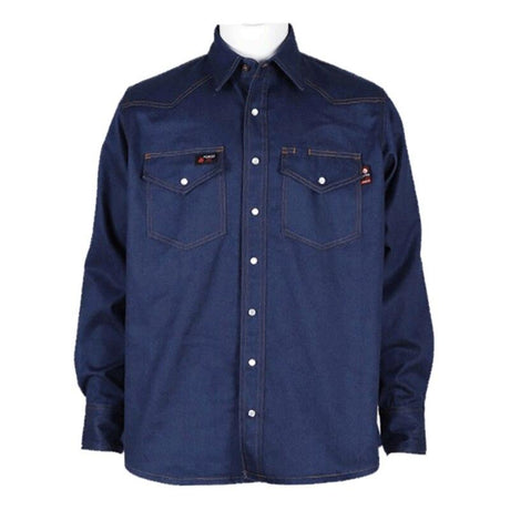 Introducing the ForgeFR Forge FR Solid Shirt Denim MFRSLD-002: a blue denim long-sleeve workwear shirt featuring white buttons and two chest pockets. The collar and stitching add a touch of style while maintaining practicality.