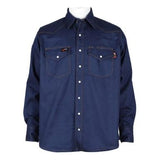 The ForgeFR Solid Shirt Denim MFRSLD-002 from ForgeFR embodies a classic workwear style with its blue denim design, two chest pockets, and white buttons. The shirt features visible stitching and is set against a plain white background, delivering a timeless look that seamlessly complements any flame-resistant clothing collection.