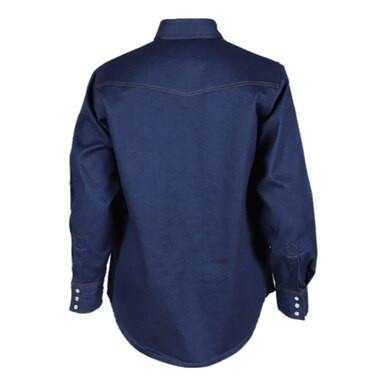 The ForgeFR Forge FR Solid Shirt Denim MFRSLD-002 displays a rear view with its long sleeves, navy blue hue, buttoned cuffs, and a curved hem. Designed with a yoke across the shoulders, this shirt is perfect for those looking for durable flame-resistant workwear.