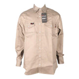 The ForgeFR solid shirt MFRSLD-002 in beige is a long-sleeve button-up featuring two chest pockets and a branded tag on the collar, effortlessly blending style with workwear functionality.