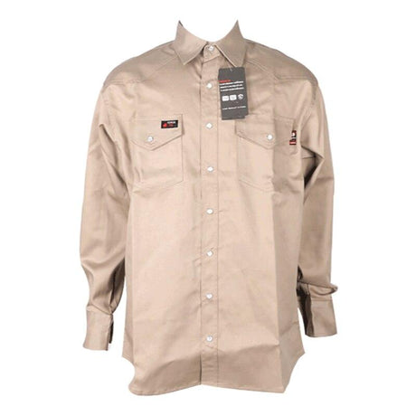 The ForgeFR Solid Shirt MFRSLD-002, a premium workwear item in beige, features long sleeves, two chest pockets, and white buttons. Displayed on a hanger against a plain white background with a tag hanging from the collar, this FR shirt combines style and dependable protection.