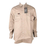 The ForgeFR Solid Shirt MFRSLD-002, a khaki long-sleeve button-up ideal for workwear, features front pockets and a tag attached, displayed elegantly on a mannequin.