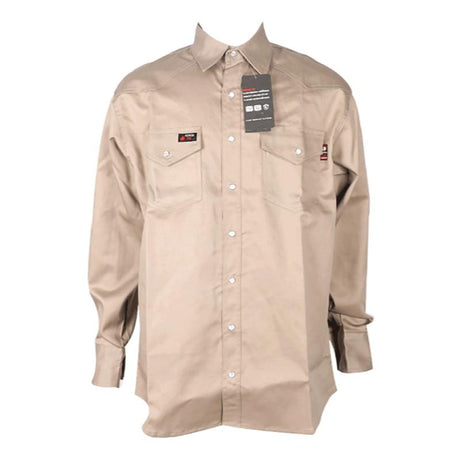 The ForgeFR Solid Shirt (MFRSLD-002) is a beige long-sleeve work shirt featuring two chest pockets and buttons down the front, ideal for those in need of flame-resistant clothing on the job. This durable piece by ForgeFR is shown against a white background with a price tag attached.