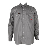 The ForgeFR Solid Shirt MFRSLD-002 is a gray long-sleeve button-up designed as durable workwear, featuring two chest pockets and small red and black patches. With a pointed collar, this FR shirt effortlessly combines safety with style for both work and casual environments.