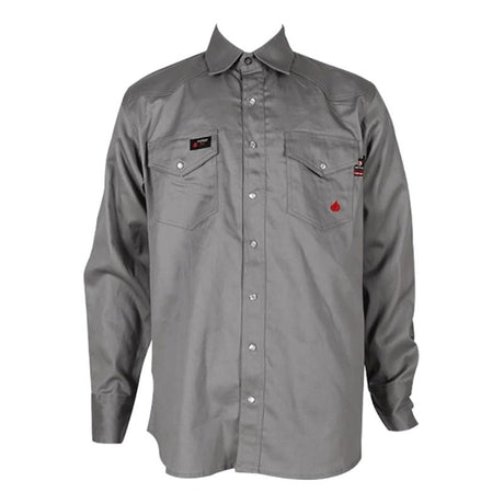 Introducing the ForgeFR Forge FR Solid Shirt MFRSLD-002: a durable gray long-sleeve button-up work shirt, featuring two chest pockets and branded patches, crafted as part of our premium Flame Resistant Clothing line.