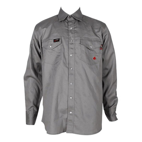 The ForgeFR Solid Shirt MFRSLD-002 is a flame-resistant, grey long-sleeve button-up shirt featuring double chest pockets with small rectangular patches. It also includes a classic collar and buttoned cuffs.