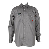 The ForgeFR Forge FR Solid Shirt MFRSLD-002 is a gray long-sleeve button-up shirt, ideal for workwear. It features two chest pockets and a prominent collar. As flame-resistant clothing, it showcases small logos on the pockets with sleeves neatly folded down for a polished look.