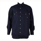 The ForgeFR Forge FR Solid Shirt MFRSLD-002 is a navy blue, long-sleeve workwear shirt that includes two chest pockets and white buttons. It also features small red and white embroidered logos on the pockets, merging style with practicality for any setting.