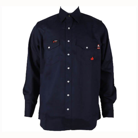 The ForgeFR Forge FR Solid Shirt MFRSLD-002 is a navy blue, long-sleeve workwear shirt that includes two chest pockets and white buttons. It also features small red and white embroidered logos on the pockets, merging style with practicality for any setting.