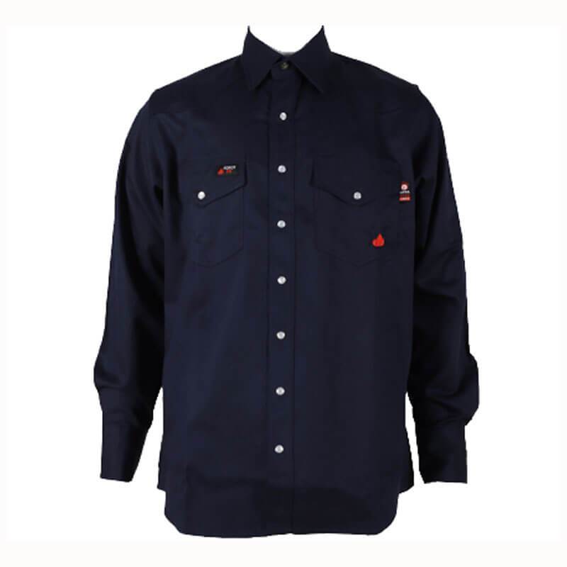 The ForgeFR Forge FR Solid Shirt MFRSLD-002 is a navy blue long-sleeve button-down shirt featuring white buttons and two chest pockets. Crafted as stylish workwear, it boasts small red and orange embroidered logos above one pocket and on the left sleeve.