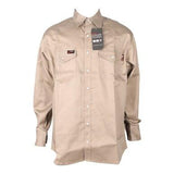 The ForgeFR Forge FR Solid Shirt MFRSLD-002, a beige long-sleeve button-up workwear shirt, is showcased on a white mannequin. It includes two chest pockets with button flaps and tags hanging from the collar.