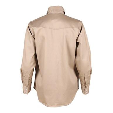 The ForgeFR Forge FR Solid Shirt MFRSLD-002 in beige is a long-sleeved workwear piece characterized by a yoke design on the shoulders, buttoned cuffs, and a straight hem when viewed from the back.