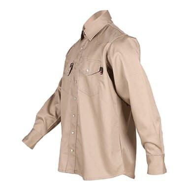 The ForgeFR Forge FR Solid Shirt MFRSLD-002 is a beige, long-sleeve workwear shirt with two chest pockets, displayed on a white background. Featuring buttoned cuffs and a classic collar, this FR shirt ensures both safety and style.