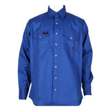 Introducing the ForgeFR Forge FR Solid Shirt MFRSLD-002: a stylish blue flame-resistant work shirt. This long-sleeve button-up features two chest pockets, each with secure buttoned flaps, and is finished with a collar and white buttons down the front, combining protection and style for essential workwear.