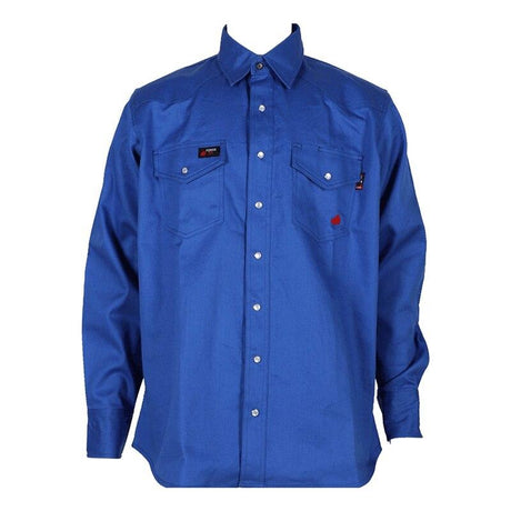 The ForgeFR Forge FR Solid Shirt MFRSLD-002 is a blue, long-sleeve work shirt designed for professional settings. It features a button-down collar and front button closure, complemented by two buttoned chest pockets and a small logo patch on one pocket, providing both style and practicality.